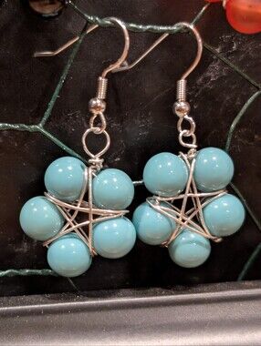 Turquoise Bead Flower Drop Earrings - Silver Wire